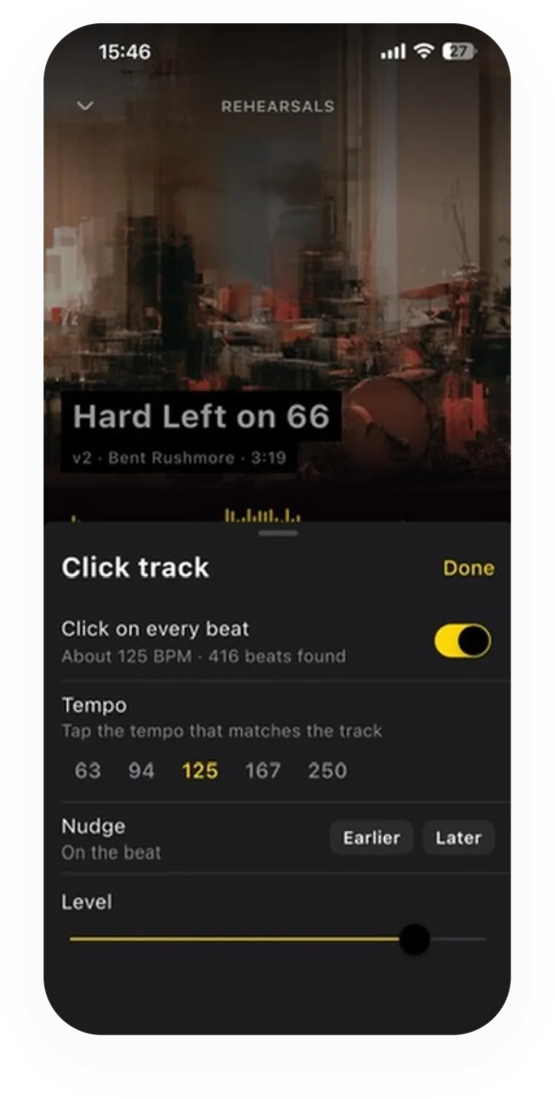 The click track sheet over a take, reading About 125 BPM, 416 beats found, with the tempo, nudge and level controls