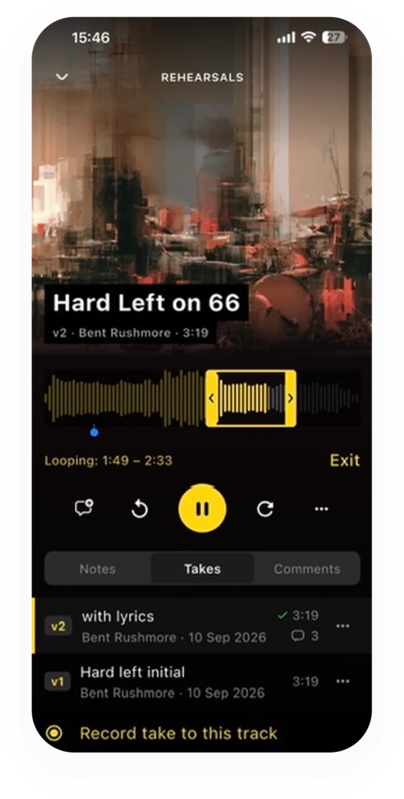 A take's waveform with a loop region dragged across the middle of it and the playhead inside the loop