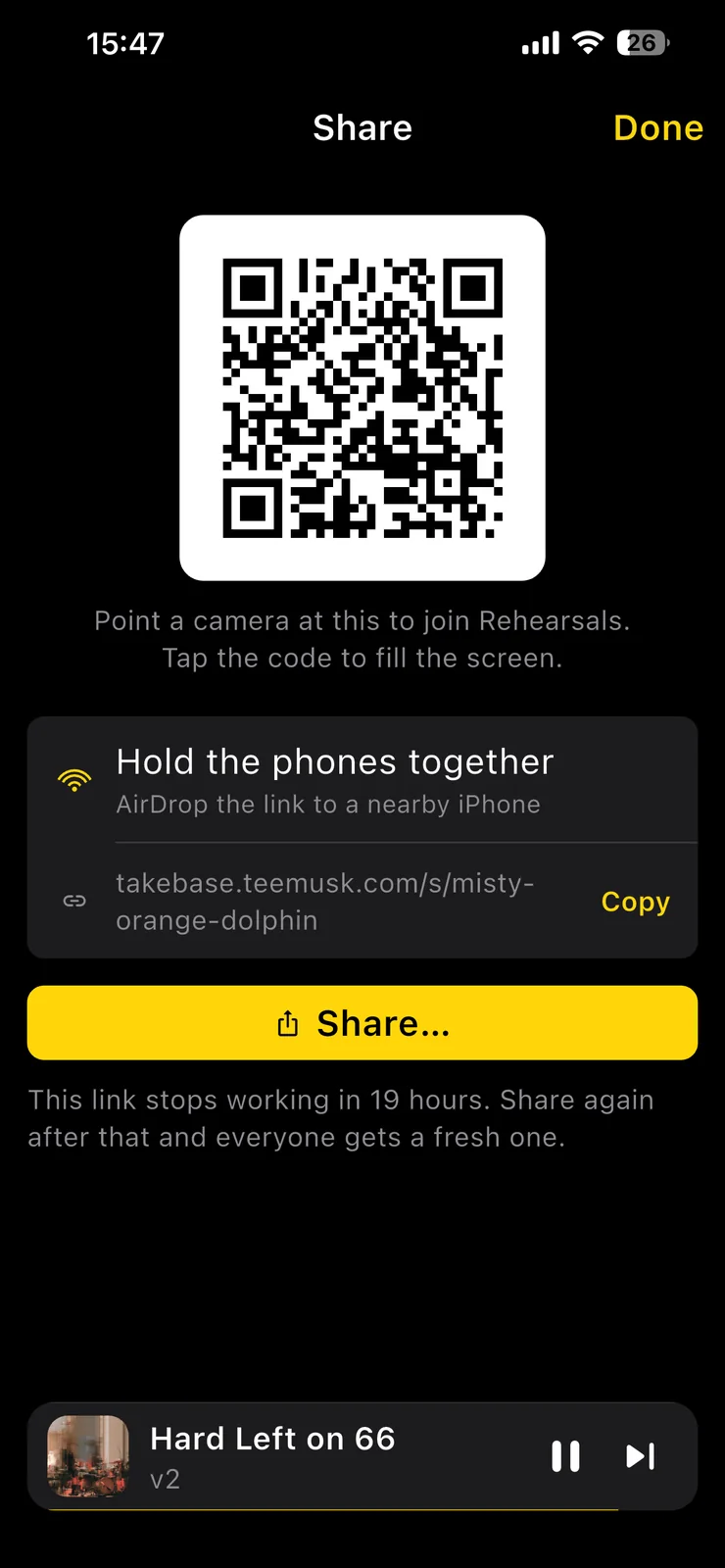 El menú de compartir de un álbum: un código QR, AirDrop y un enlace que deja de funcionar en 19 horas